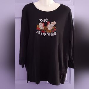 Bon Worth | Black Long Sleeve Top Graphic Embroidered Roosters Large